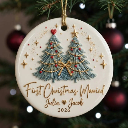 First Christmas Married Personalized Ceramic Ornament - Custom Newlywed Holiday Keepsake Gift for Couples