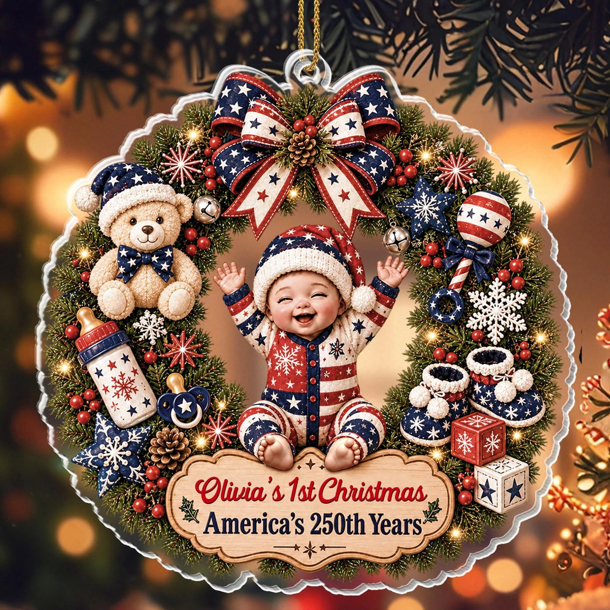 "Our 1st Christmas America's 250th Years" - Personalized Baby Wreath Acrylic Ornament Keepsake Gift
