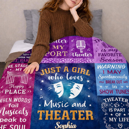 Just A Girl Who Loves Music And Theater Personalized Blanket - Drama Club Birthday Gift for Daughter