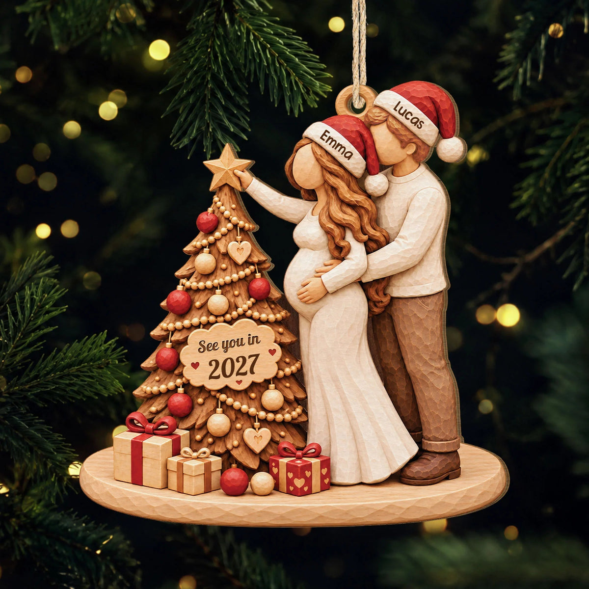 See You In 2027 Custom Baby Bump Ornament - Personalized Wooden Christmas Keepsake for Expecting Parents