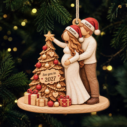 See You In 2027 Custom Baby Bump Ornament - Personalized Wooden Christmas Keepsake for Expecting Parents