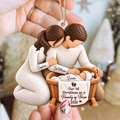 Our 1st Christmas as a Family of Three Personalized Wooden Ornament - Custom Holiday Keepsake Gift for New Parents