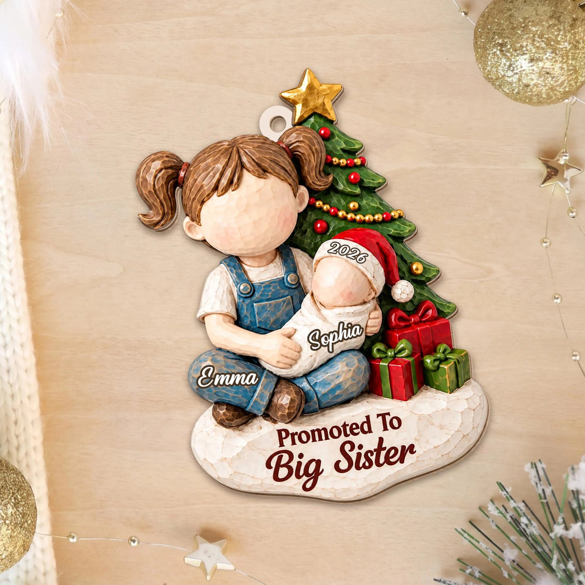 Promoted to Big Sister Custom Wood Ornament - Personalized Sibling Baby Announcement