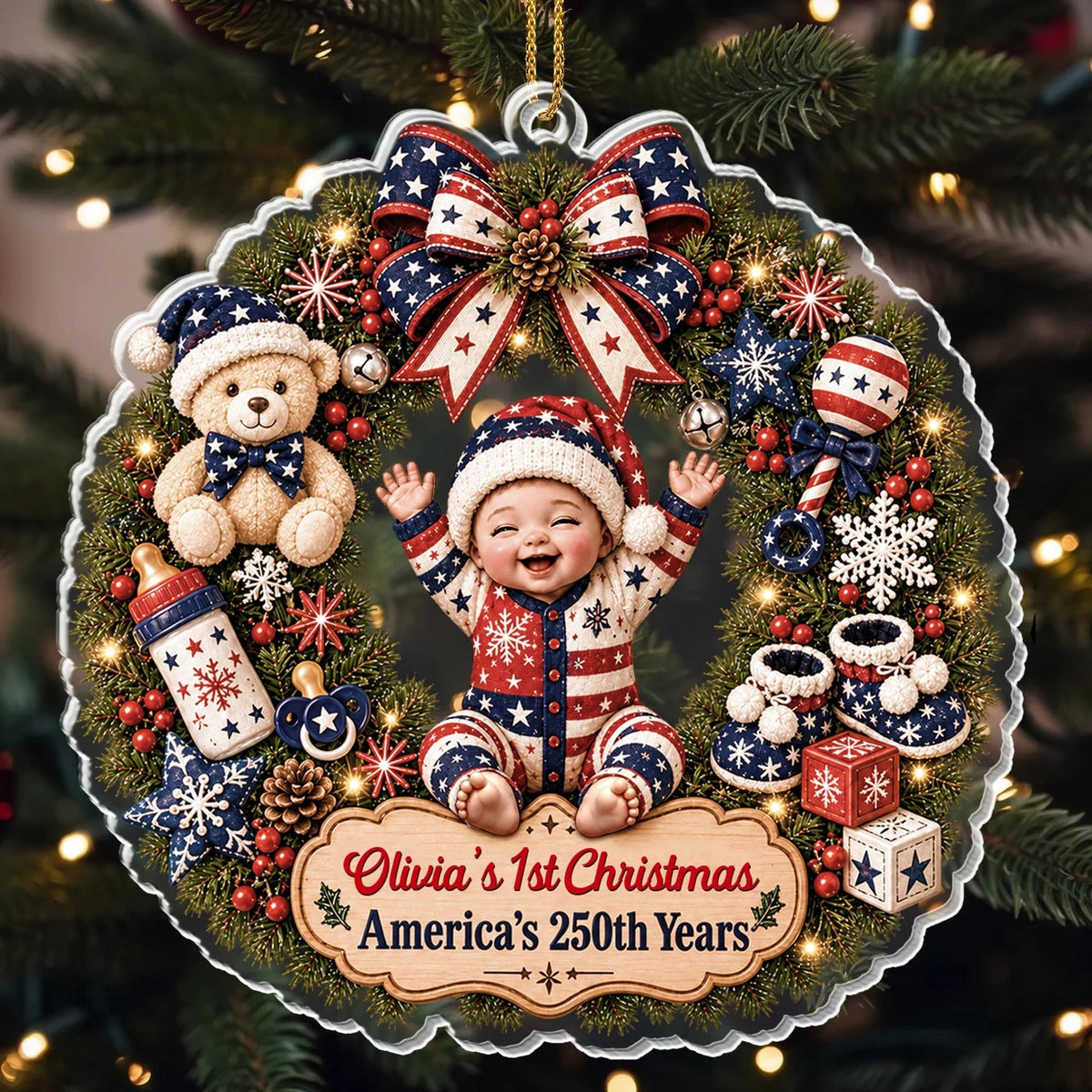 "Our 1st Christmas America's 250th Years" - Personalized Baby Wreath Acrylic Ornament Keepsake Gift