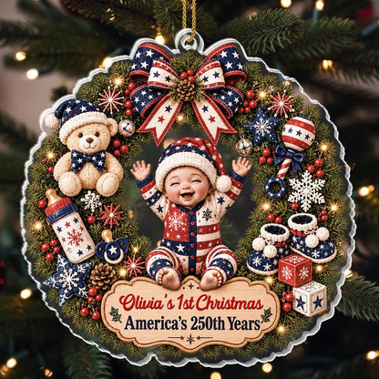 "Our 1st Christmas America's 250th Years" - Personalized Baby Wreath Acrylic Ornament Keepsake Gift