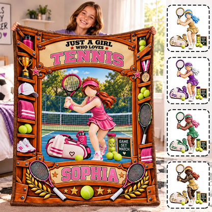Just A Girl Who Loves Tennis Personalized Blanket - Custom Tennis Player Keepsake Gift for Daughter & Girls
