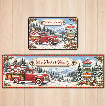 Red Christmas Truck Personalized Runner Rug - Custom Family Name Holiday Kitchen Mat