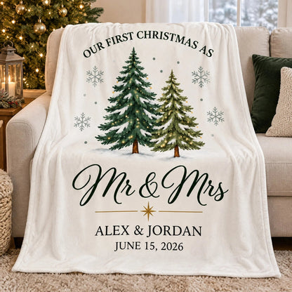 Our First Christmas As Mr & Mrs Personalized Blanket for Couples - Custom Newlywed Holiday Keepsake Throw