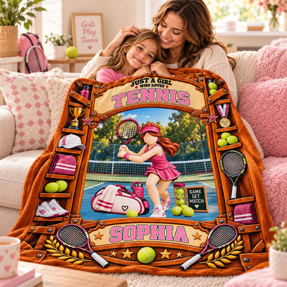 Just A Girl Who Loves Tennis Personalized Blanket - Custom Tennis Player Keepsake Gift for Daughter & Girls