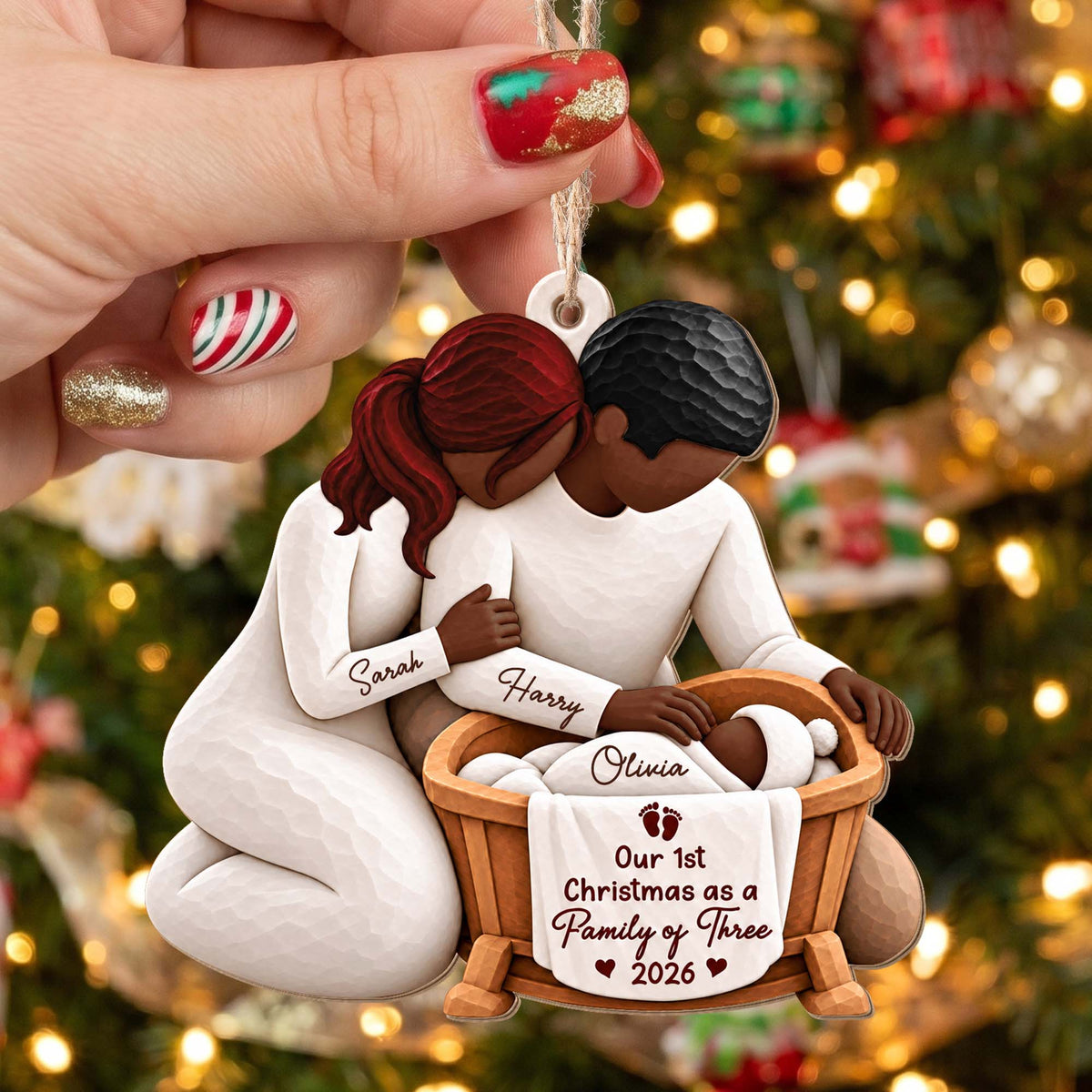 Our 1st Christmas as a Family of Three Personalized Wooden Ornament - Custom Holiday Keepsake Gift for New Parents