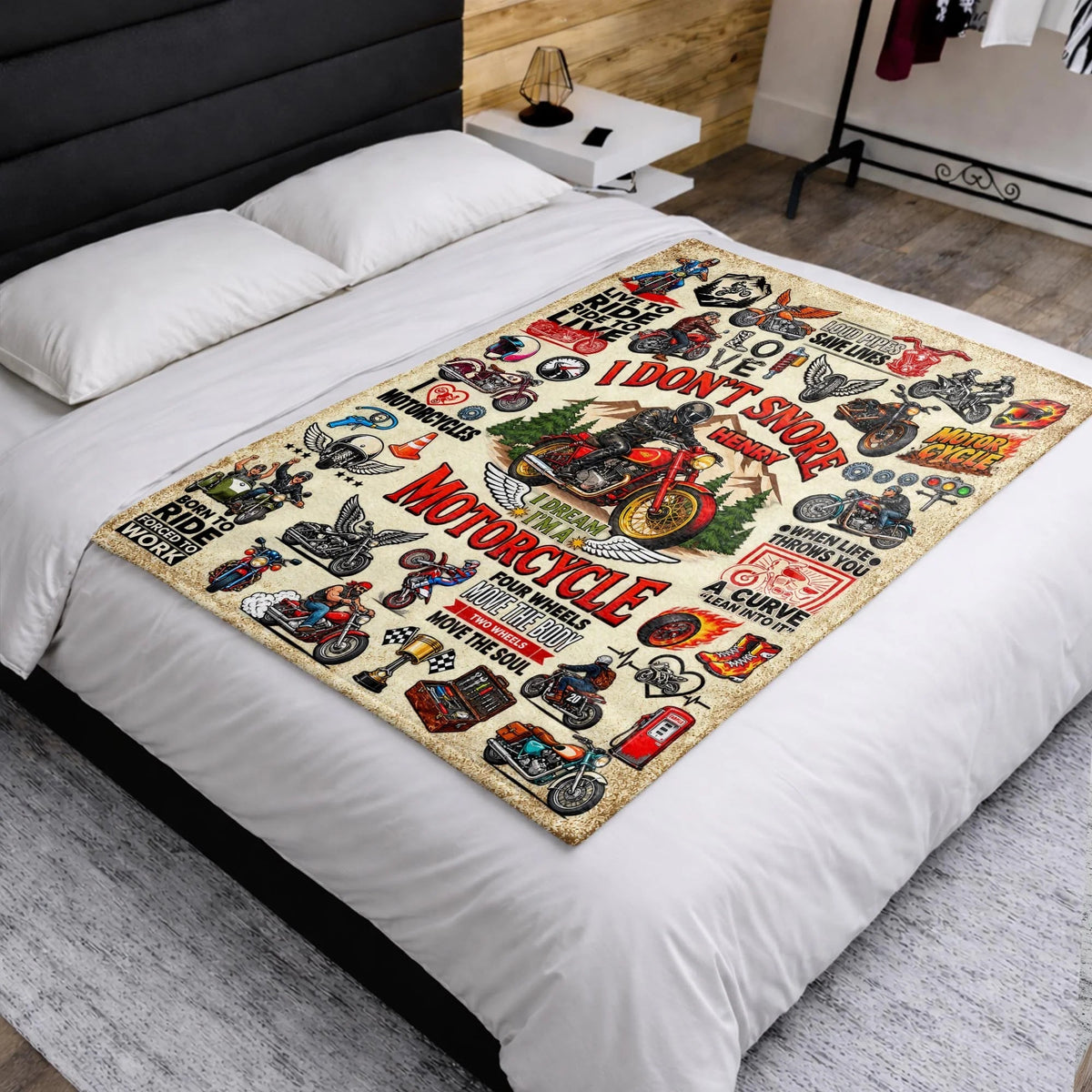 "I Don't Snore I Dream I'm A Motorcycle" Personalized Blanket - Custom Rider Gift for Biker Husband, Dad