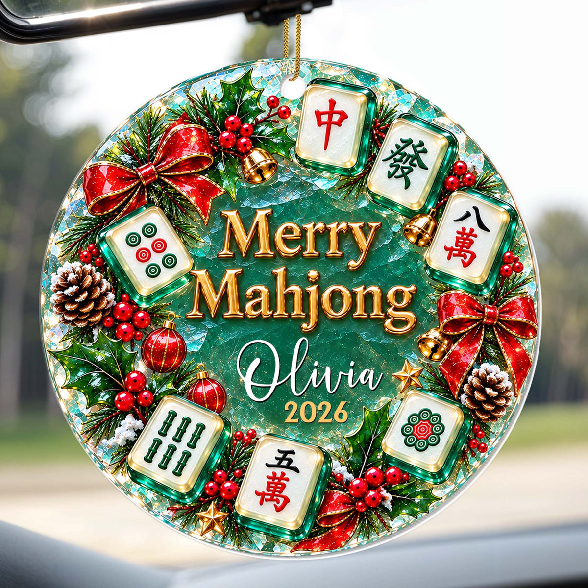 "Merry Mahjong" Personalized Acrylic Ornament for Mahjong Lovers - Custom Name Christmas Wreath Keepsake