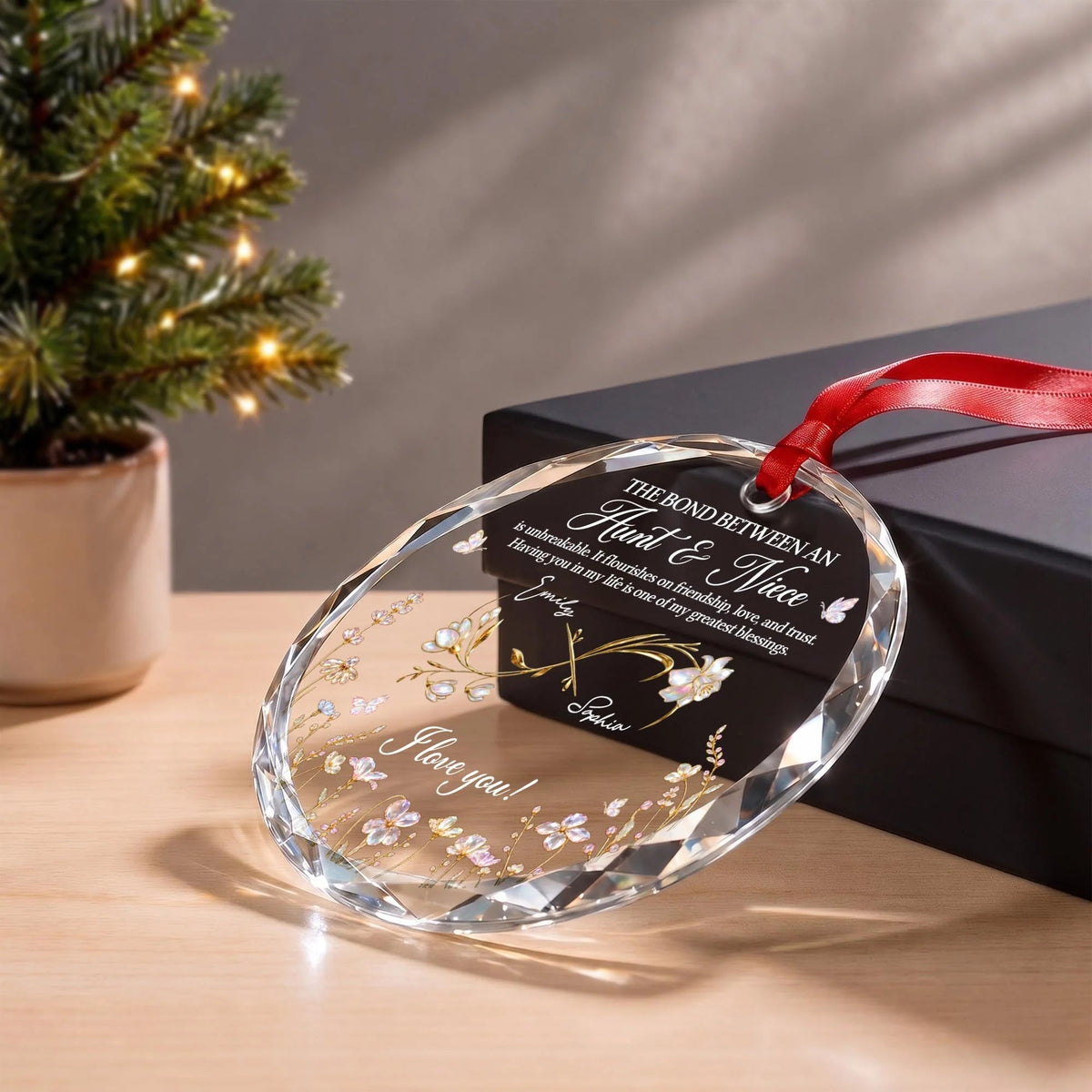 The Bond Between Aunt and Niece Personalized Circle Glass Ornament - Custom Floral Keepsake Christmas Gift