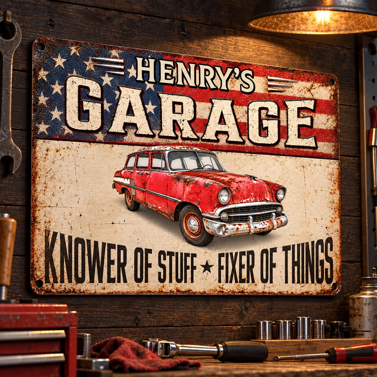 "Knower of Stuff Fixer of Things" Personalized Metal Sign - Garage Decor Gift for Dad