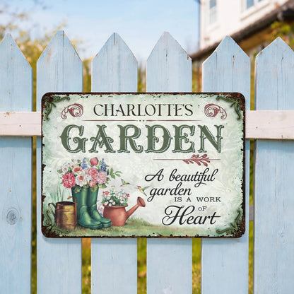 "A Beautiful Garden Is A Work Of Heart" Personalized Metal Sign - Garden Decor for Mom Grandma