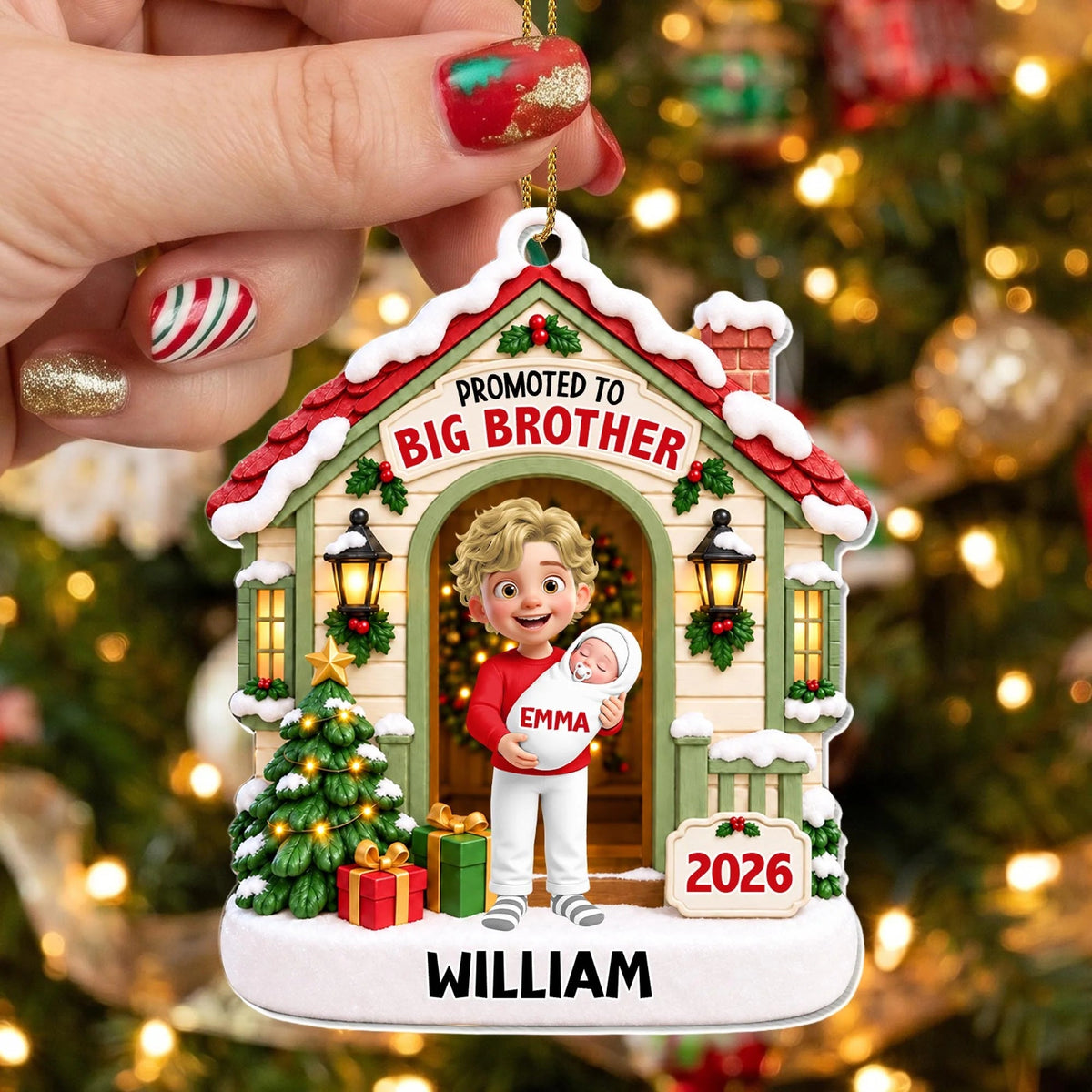 "Promoted To Big Brother" Personalized Acrylic Christmas Ornament - Custom Sibling Keepsake Gift for Kids