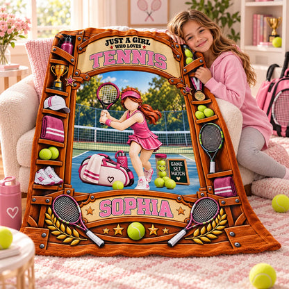 Just A Girl Who Loves Tennis Personalized Blanket - Custom Tennis Player Keepsake Gift for Daughter & Girls