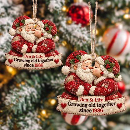 Personalized Growing Old Together Santa Couple Wood Tree Ornament
