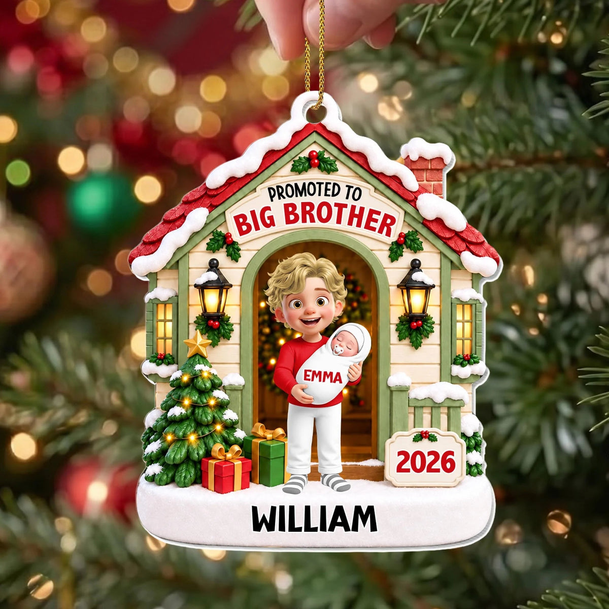 "Promoted To Big Brother" Personalized Acrylic Christmas Ornament - Custom Sibling Keepsake Gift for Kids