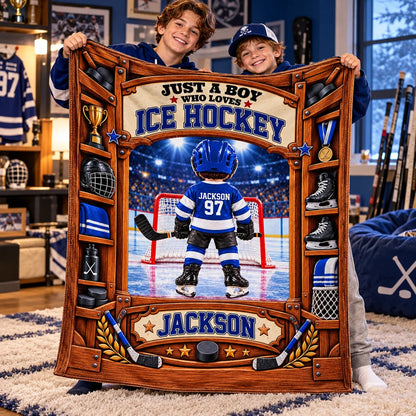 "Just A Boy/Girl Who Loves Ice Hockey" Custom Ice Hockey Blanket - Personalized Hockey Gift for Kids & Youth