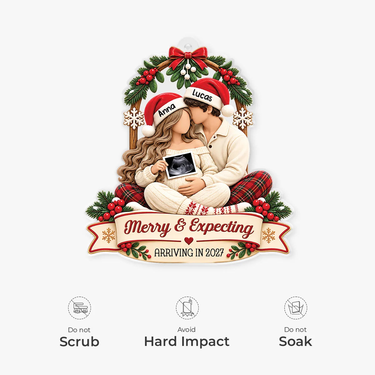 "Merry & Expecting" Personalized Acrylic Ornament for Mom and Dad to Be - Custom Ultrasound Christmas Keepsake