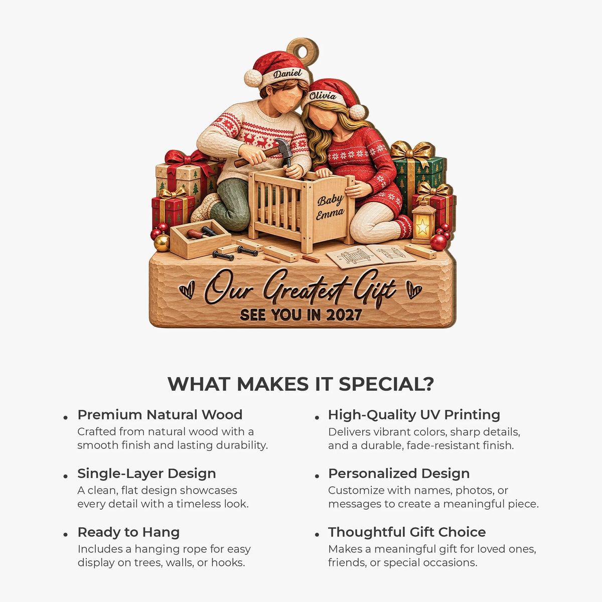 "Our Greatest Gift" Personalized Wooden Ornament for Expecting Couples - Custom Christmas Pregnancy Keepsake