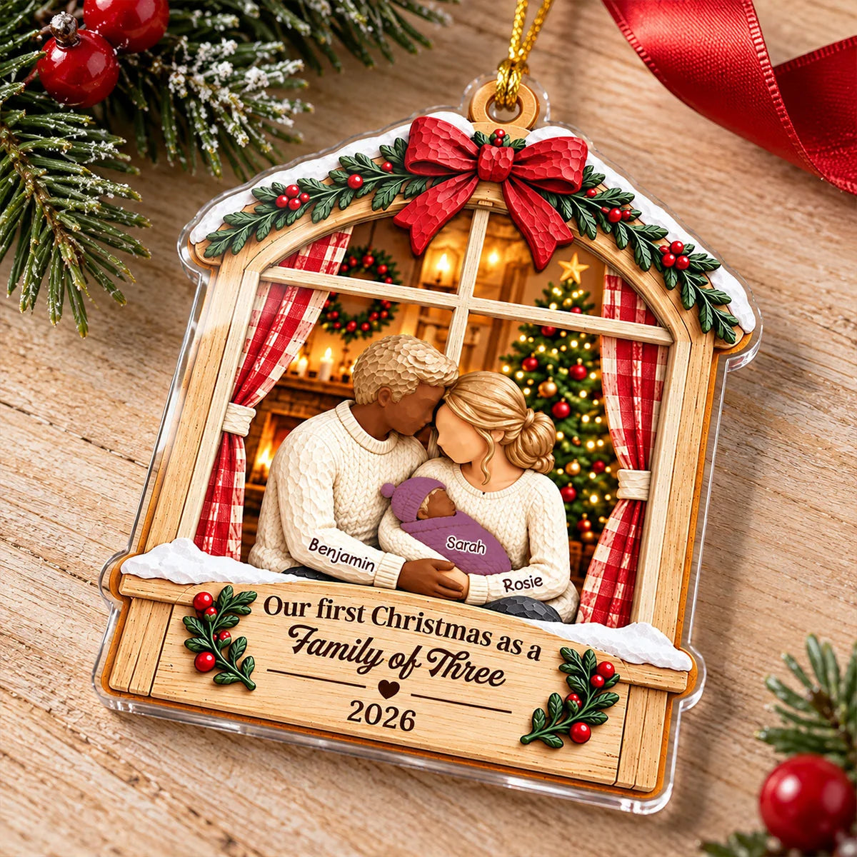 Personalized Family Of Three First Christmas Acrylic Ornament