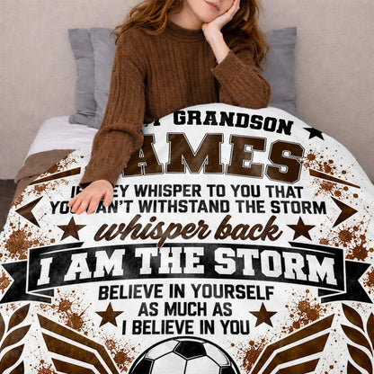 I Am The Storm Personalized Soccer Blanket for Grandson - Custom Name Birthday Gift from Grandma