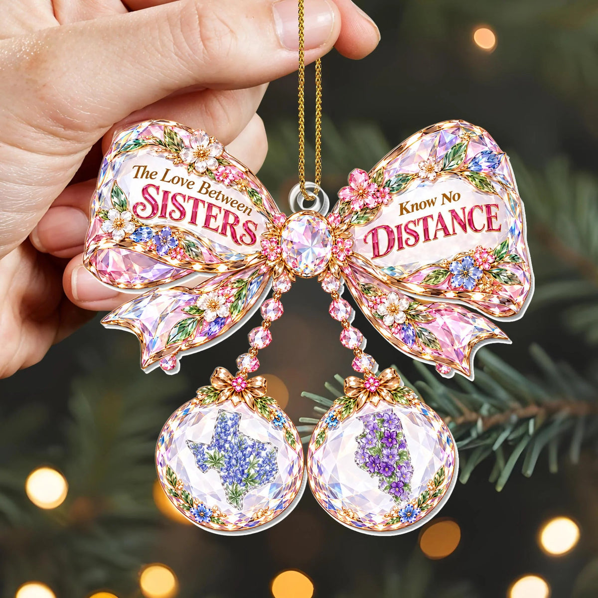 "The Love Between Sisters Know No Distance" Personalized Acrylic Ornament - Christmas Keepsake Gift for Sister