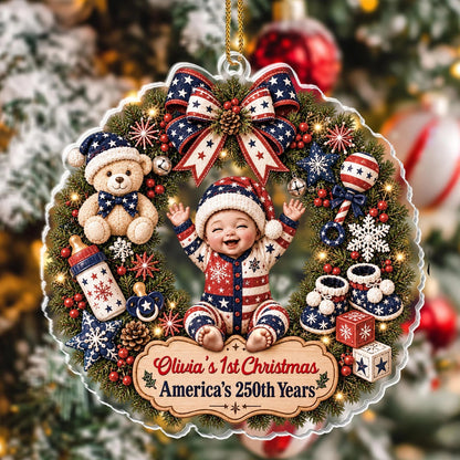 "Our 1st Christmas America's 250th Years" - Personalized Baby Wreath Acrylic Ornament Keepsake Gift