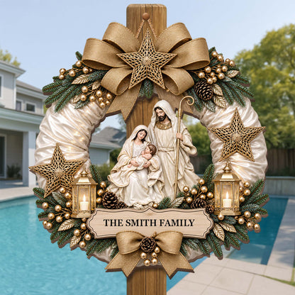 Nativity Wreath Personalized Shaped Wood Sign - Custom Christian Christmas Decor for Family