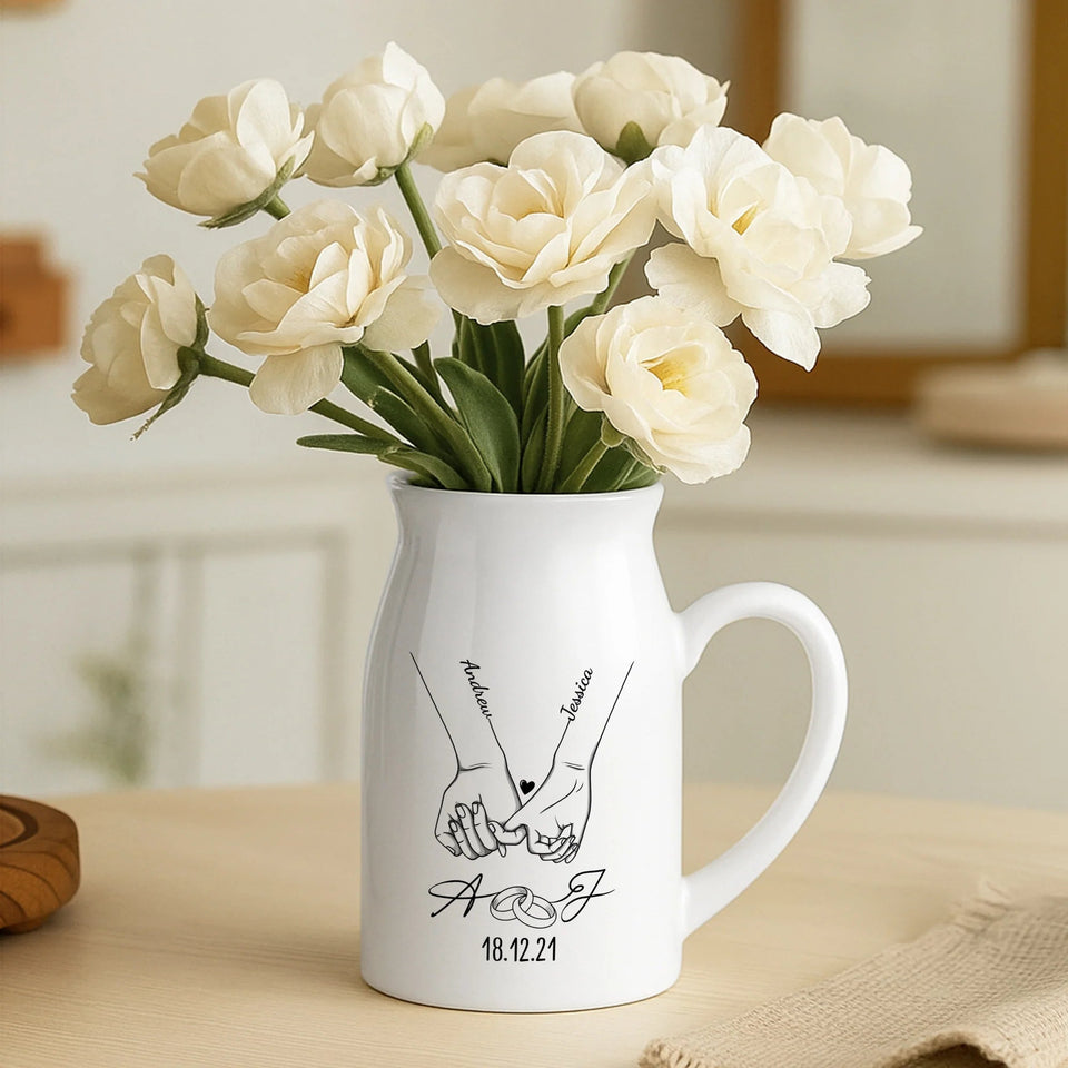 Holding Hands Personalized Ceramic Flower Vase - Custom Wedding Anniversary Gift for Couples