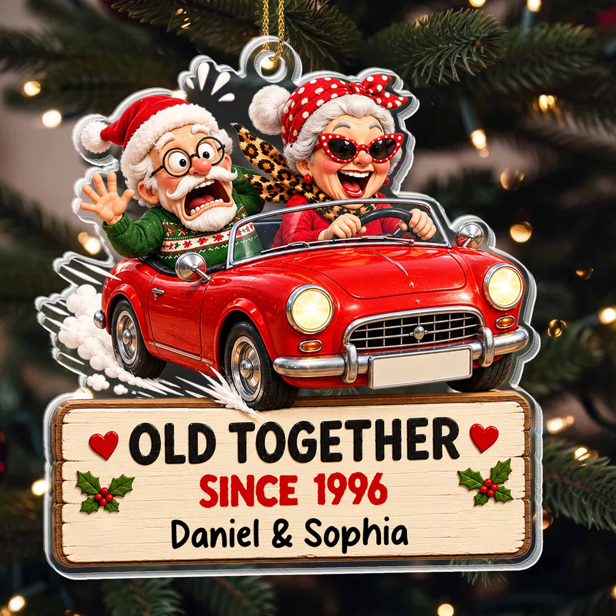 Old Together Since Red Car Personalized Acrylic Ornament - Christmas Anniversary Gift for Couples