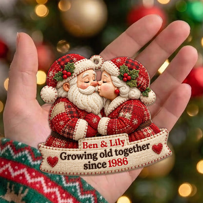 Personalized Growing Old Together Santa Couple Wood Tree Ornament