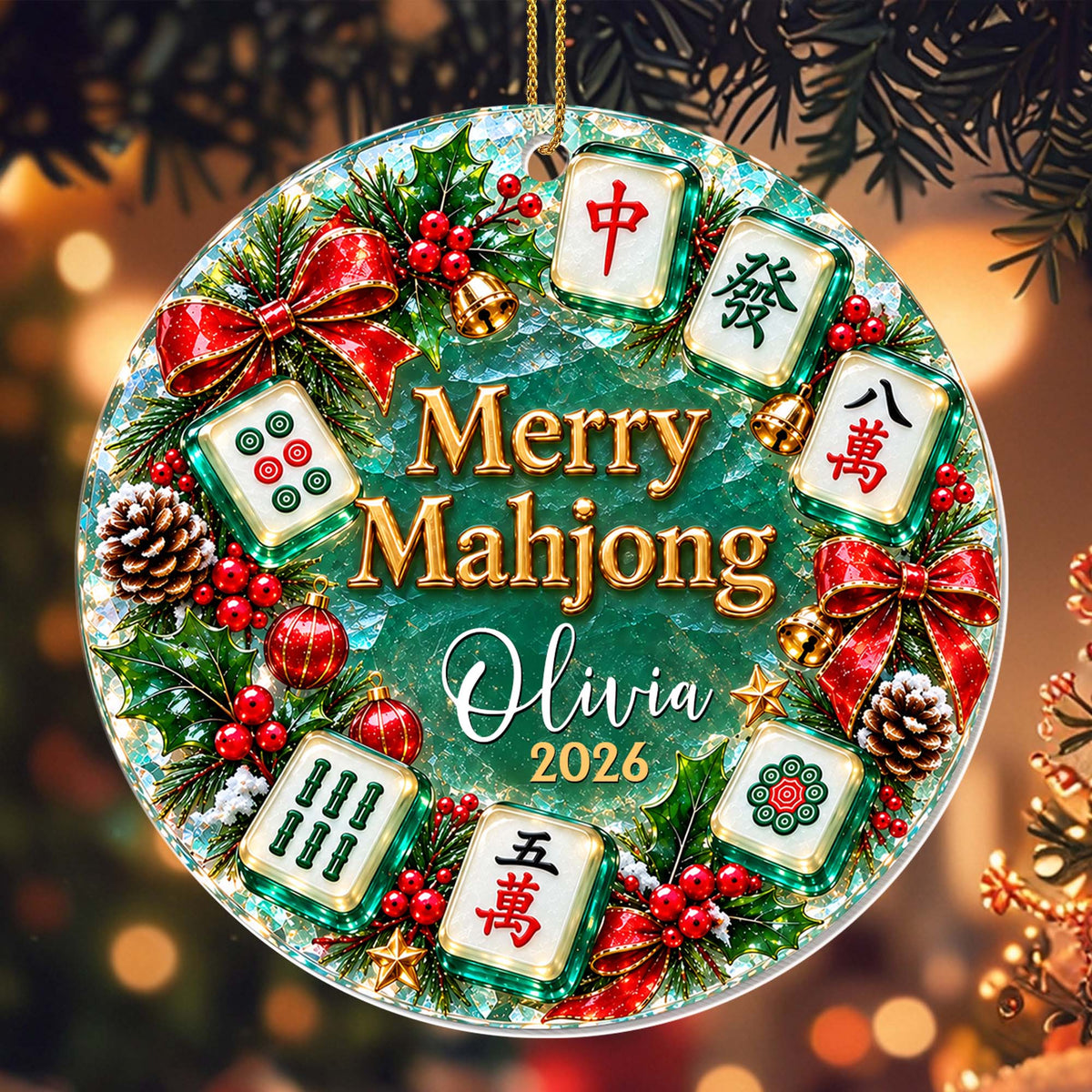 "Merry Mahjong" Personalized Acrylic Ornament for Mahjong Lovers - Custom Name Christmas Wreath Keepsake