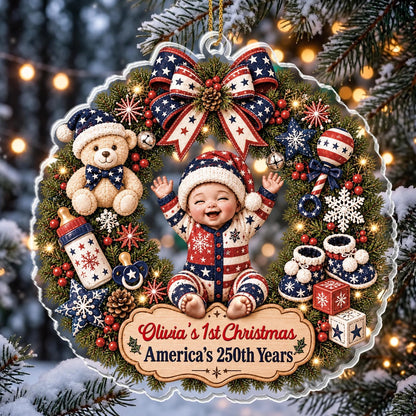 "Our 1st Christmas America's 250th Years" - Personalized Baby Wreath Acrylic Ornament Keepsake Gift