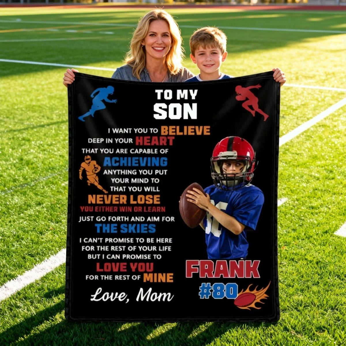 To My Son Personalized Football Blanket - Custom Photo Name & Number Game Day Gift
