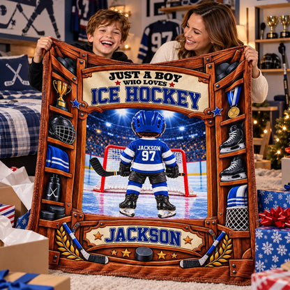 "Just A Boy/Girl Who Loves Ice Hockey" Custom Ice Hockey Blanket - Personalized Hockey Gift for Kids & Youth