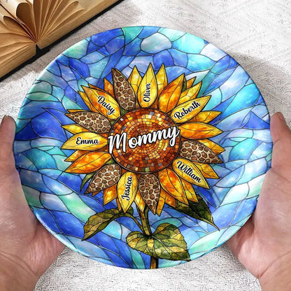 Sunflower Stained Glass Personalized Ceramic Plate - Keepsake Gift for Mom & Grandma