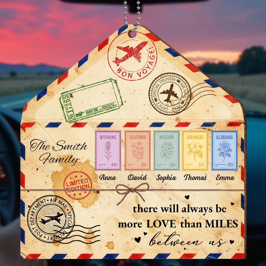 "More Love Than Miles" Personalized Wooden Ornament - Custom Long Distance Keepsake Gift for Family