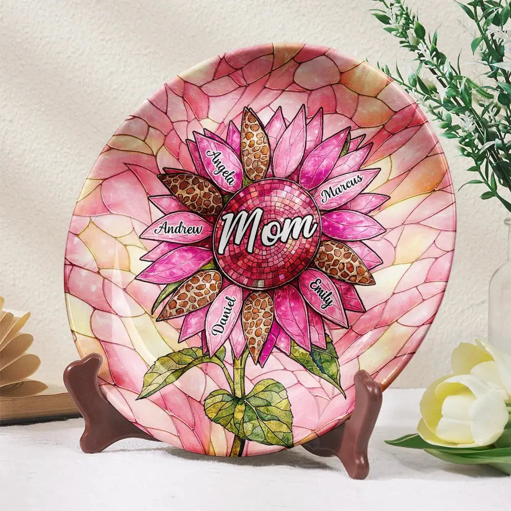 Sunflower Stained Glass Personalized Ceramic Plate - Keepsake Gift for Mom & Grandma