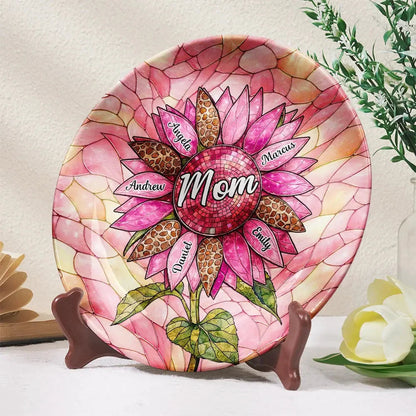 Sunflower Stained Glass Personalized Ceramic Plate - Keepsake Gift for Mom & Grandma