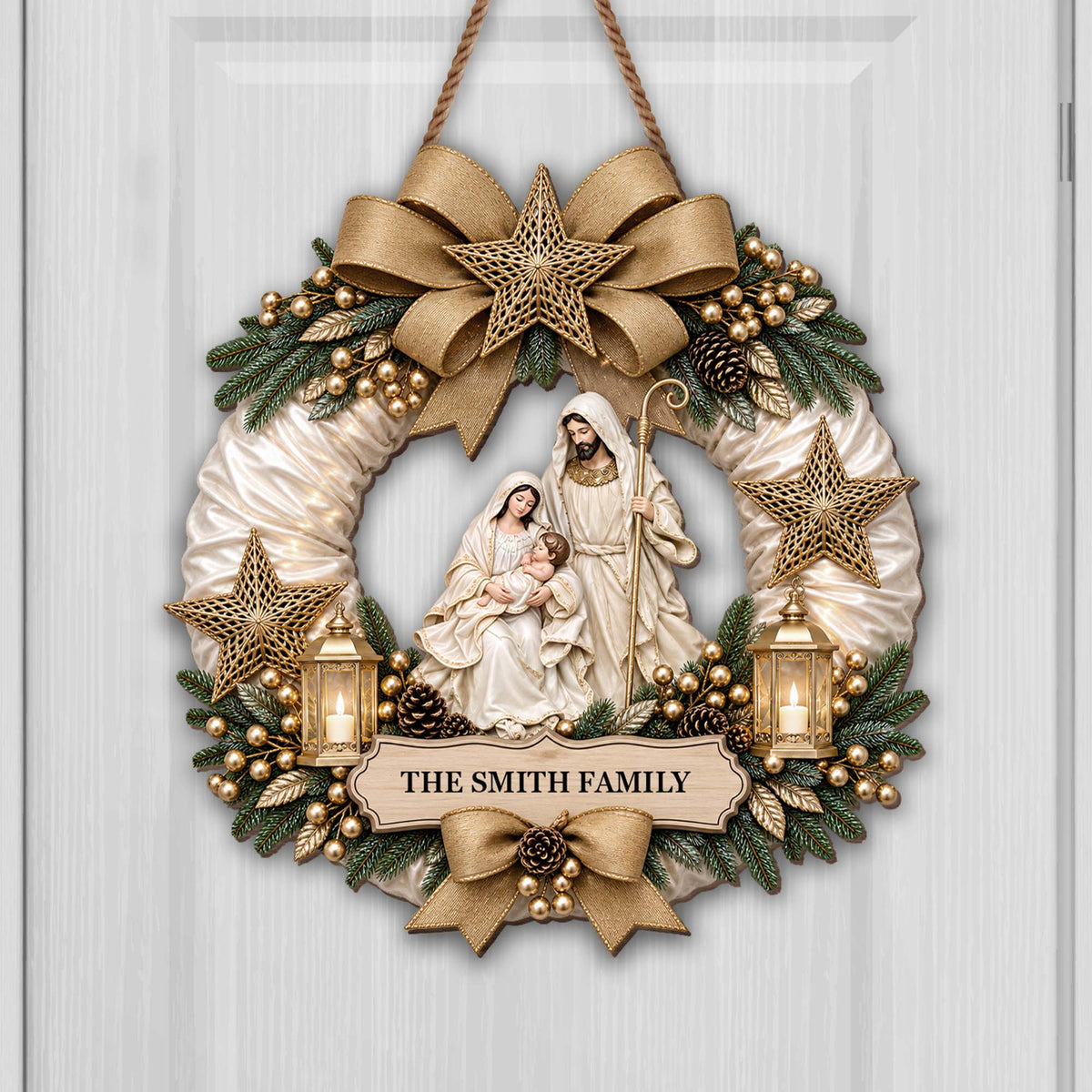 Nativity Wreath Personalized Shaped Wood Sign - Custom Christian Christmas Decor for Family