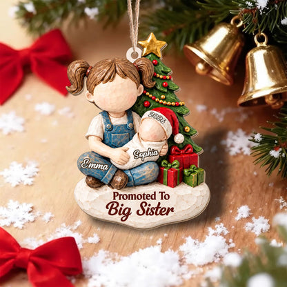 Promoted to Big Sister Custom Wood Ornament - Personalized Sibling Baby Announcement