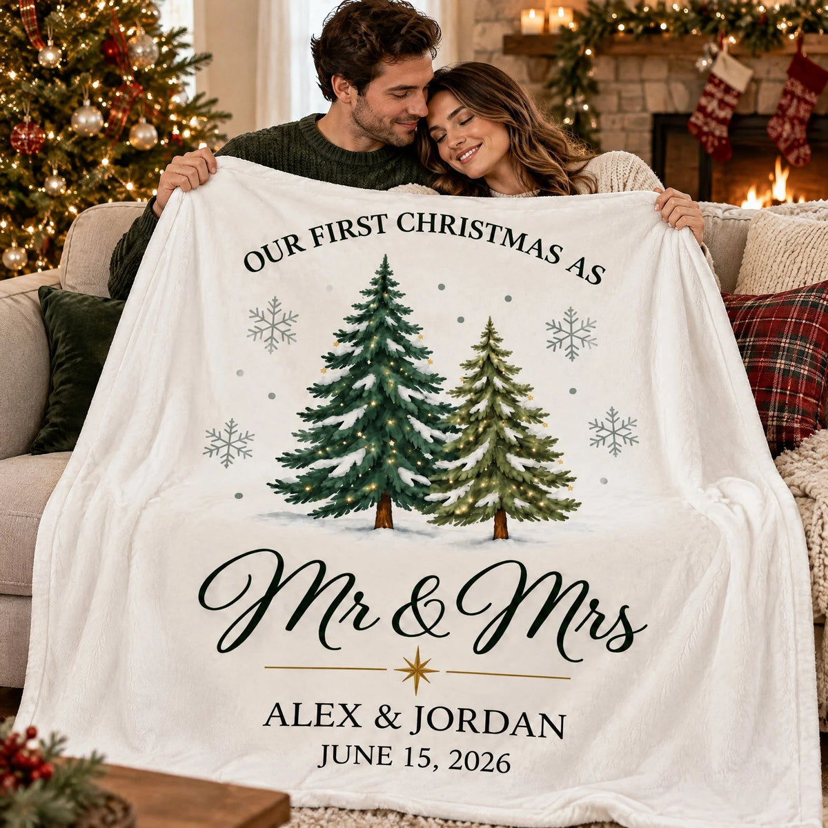 Our First Christmas As Mr & Mrs Personalized Blanket for Couples - Custom Newlywed Holiday Keepsake Throw