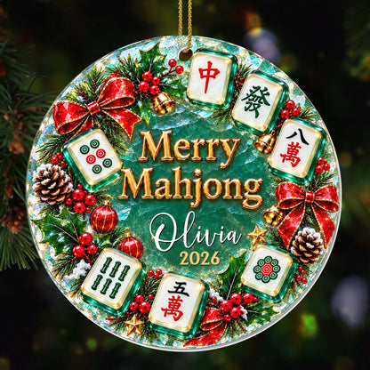 "Merry Mahjong" Personalized Acrylic Ornament for Mahjong Lovers - Custom Name Christmas Wreath Keepsake