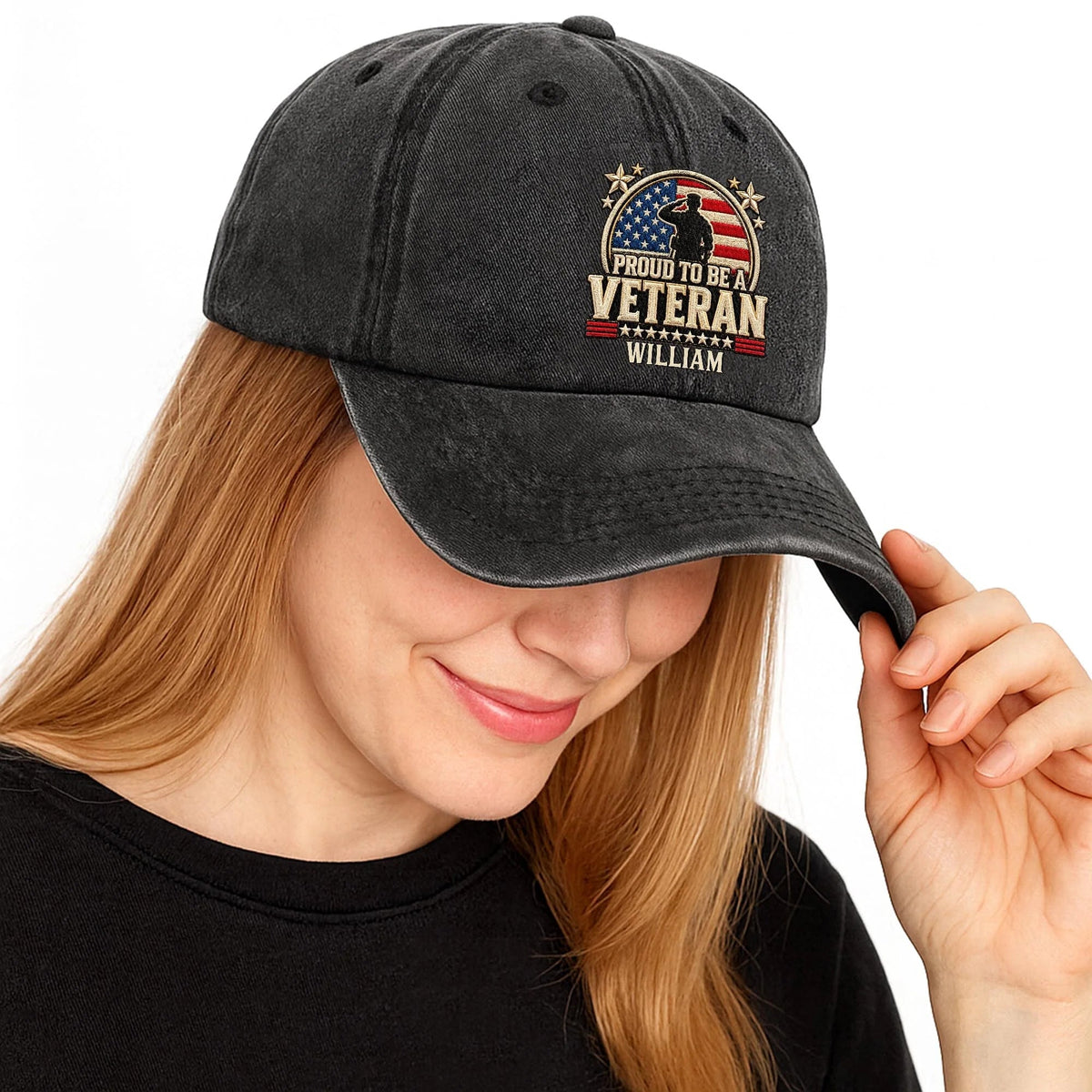 Personalized Proud Veteran American Flag Washed Cotton Denim Cap