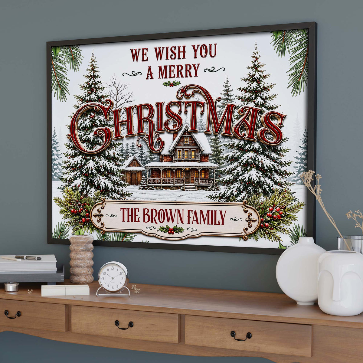 We Wish You A Merry Christmas Personalized Family Canvas / Poster - Custom Snowy Cabin Wall Art
