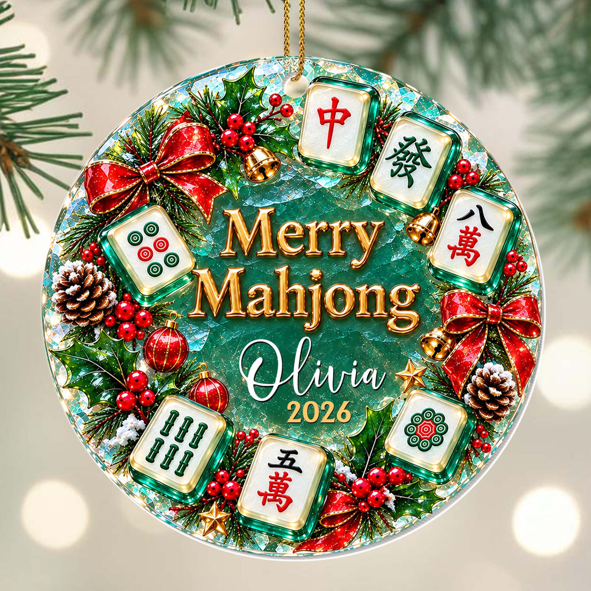 "Merry Mahjong" Personalized Acrylic Ornament for Mahjong Lovers - Custom Name Christmas Wreath Keepsake