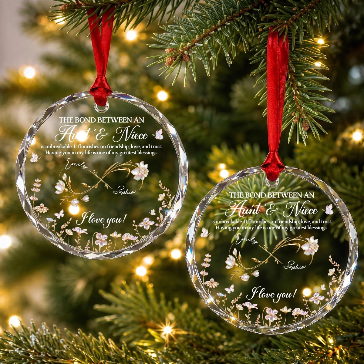 The Bond Between Aunt and Niece Personalized Circle Glass Ornament - Custom Floral Keepsake Christmas Gift